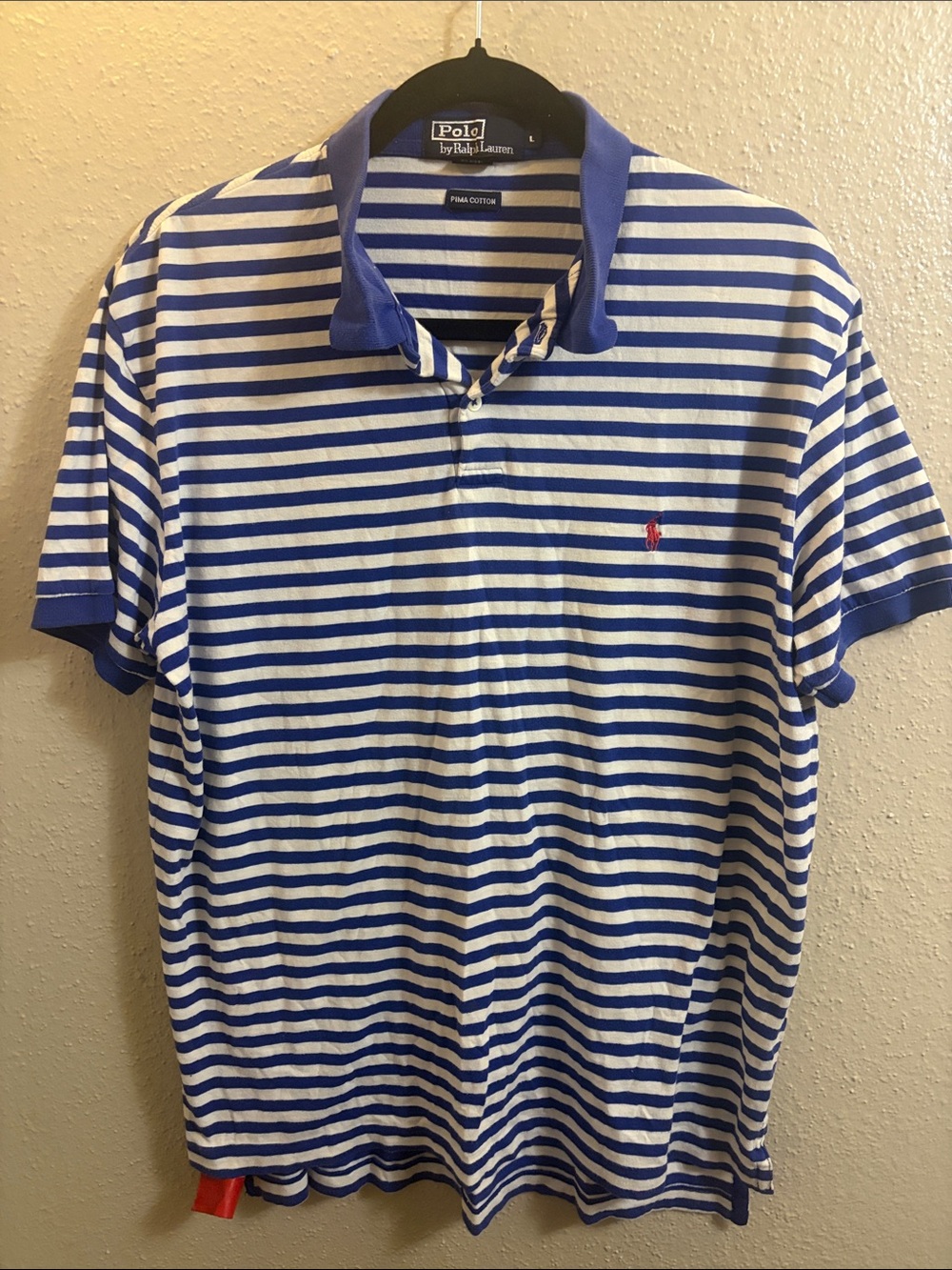 Polo by Ralph Lauren Blue & White Striped Polo with Red Pony